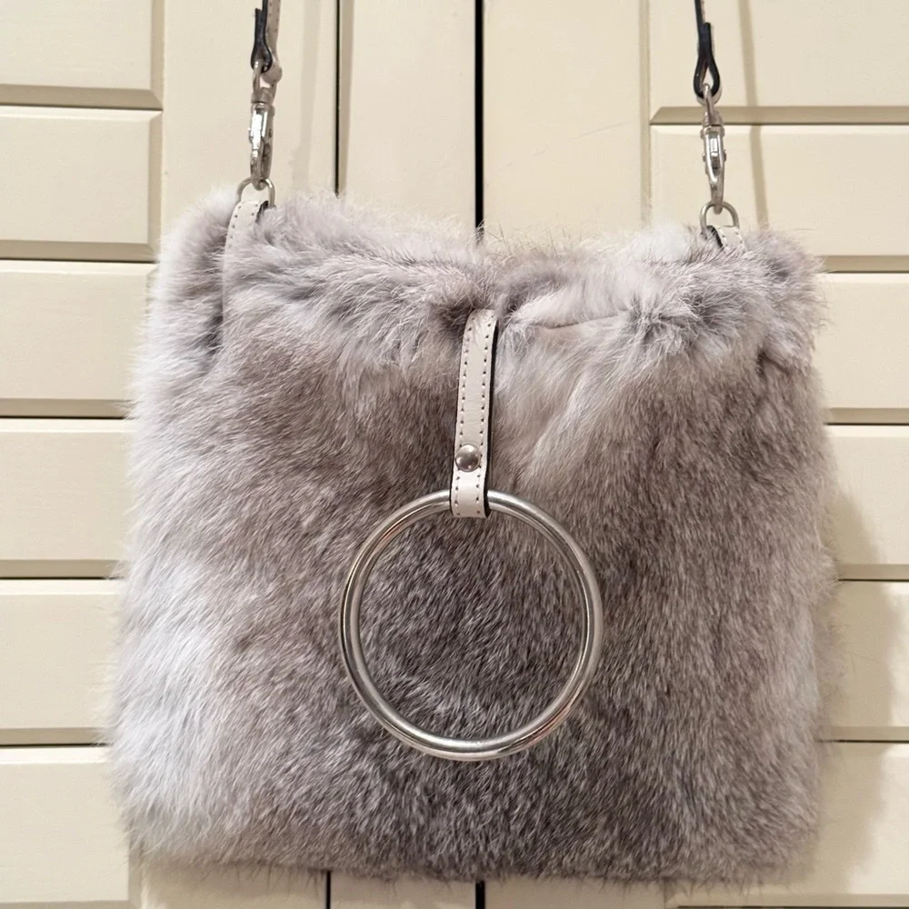 Real rabbit fur ethically handmade authentic genuine grey bunny fur bag